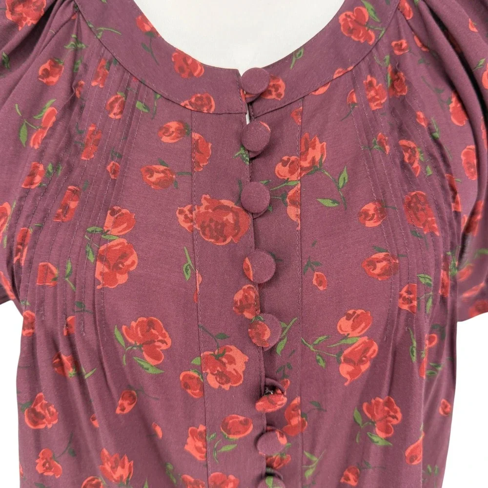 Reformation Calia Burgundy Rose Floral Top Size Small Pintuck Puff Sleeve Button